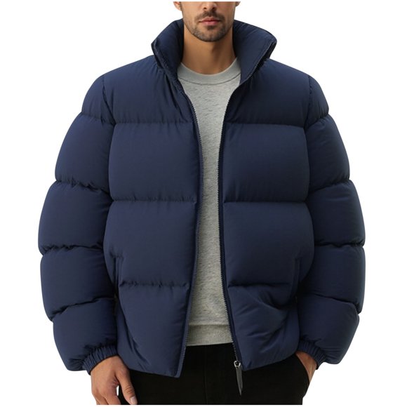 NJDVHB Fall Winter Coats for Men,Puffer Jacket Men,Coats for Men Solid Stand Collar Jacket Long Sleeve Parkas With Zip Pockets Casual Warm Outerwear Blouse,Navy,XXXL