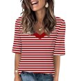 thumbnail image 2 of Penkiiy T-Shirts à Col en V à Blocs de Couleur Rayés pour Femmes, Manches Mi-Longues, Hauts Décontractés Unis d'Été, T-Shirts Y2K, 13 Ans, Rouge, 2 of 5
