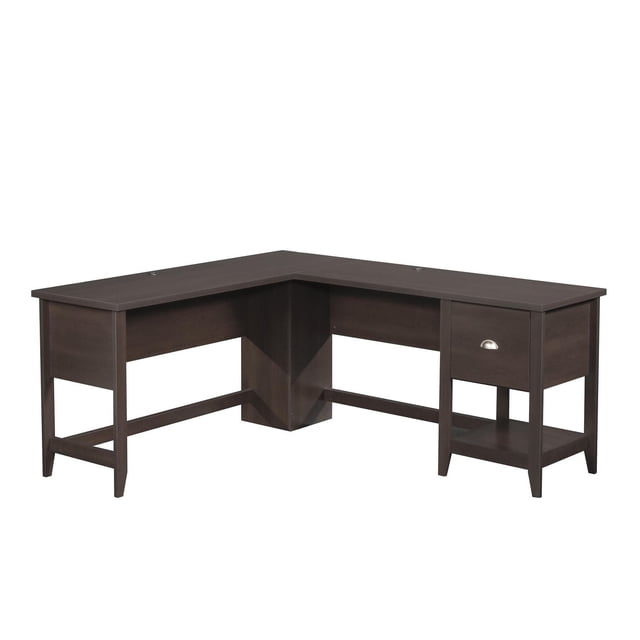 Sauder Summit Station L-shaped desk in cinnamon cherry finish featuring a single drawer, open lower shelf, and cable management grommets.