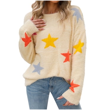 cfhntfmh Oversized Sweater for Women Warm Fuzzy Crewneck Pullover Tops Winter Plush Long Sleeve Printed Shirts