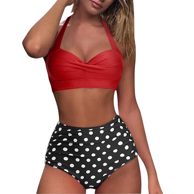 Leutsin Women Vintage Swimsuit Two Piece Retro Halter Ruched High Waist Print Bikini Set