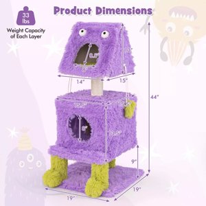 Harmijoy Monster-Themed Cat Tree, 3-Level Cat Tower Activity Center w/ 2 Private Cat Condos, Sisal Scratching Post & Hanging Toys, Long Plush Cat Furniture Climbing Stand for Indoor Cats & Kittens
