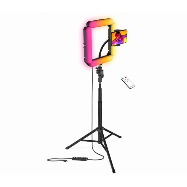 MODULAR QUAD WHITE/RGB LIGHT 60-inch tripod with ballhead and phone holder featuring a square RGB light panel glowing pink and yellow, mounted on an adjustable black tripod with flexible phone holder arm and wired remote control for lighting adjustments.