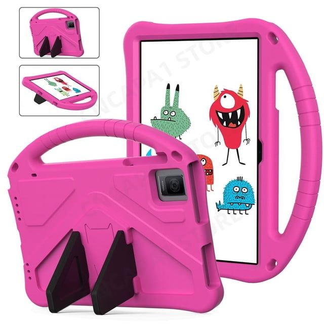 Portable Funda with rear kickstand for Acer Iconia Tab P10 10.4-inch tablet. This EVA foam shockproof and drop-resistant protective case features a vibrant pink color, patchwork design, and a sturdy handle for easy carrying. Designed as a kids' tablet accessory, it includes a rear kickstand for hands-free use and enhanced safety.