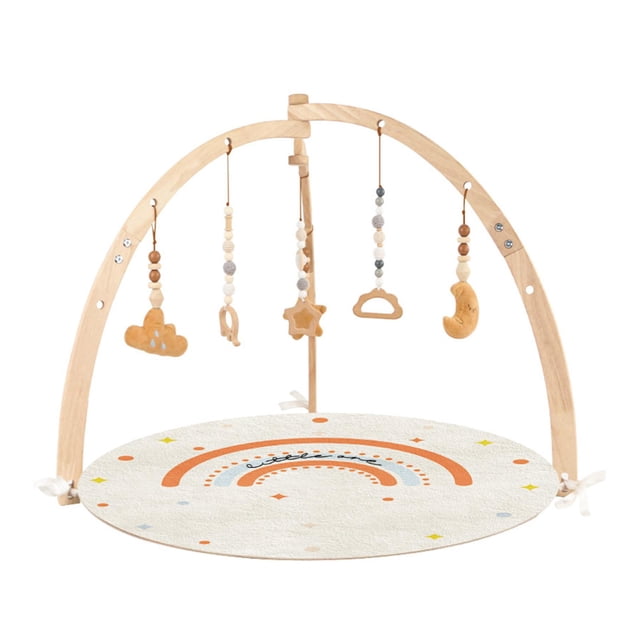 Siruishop Wooden Baby Gym Arch Exercise Accessory Hanging Bar for Girls Newborn Infant. This wooden activity gym features a natural wood frame with a triangular structure for stability and a soft, foldable playmat adorned with a colorful rainbow design. Includes detachable hanging toys such as a cloud, star, and moon to engage infants during tummy time or play. Suitable for home, nursery, or bedroom use, and designed to support early development through grasping, head lifting, and crawling exercises.