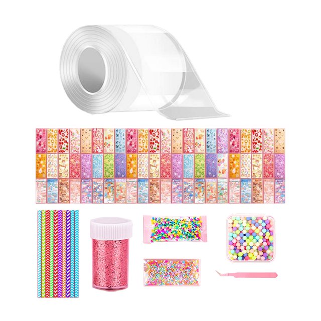 Ruban à Bulles Soufflées DIY Ruban Adhésif Double Face Réutilisable Ruban Adhésif pour Balles Jouets pour Enfants Style C. l'Image Présente un Rouleau de Ruban Transparent Double Face, des Autocollants Vibrants, des Paillettes, des Perles, des Paillettes, des Tubes à Souffler et des Pinces. les dimensions du Ruban Sont de 10 cm de Largeur, 300 cm de Longueur et 1 mm d'Épaisseur. Idéal pour les Bricolages DIY, le Soufflage de Bulles et la Fixation d'Articles comme des Autocollants Muraux Ou des Tapis.
