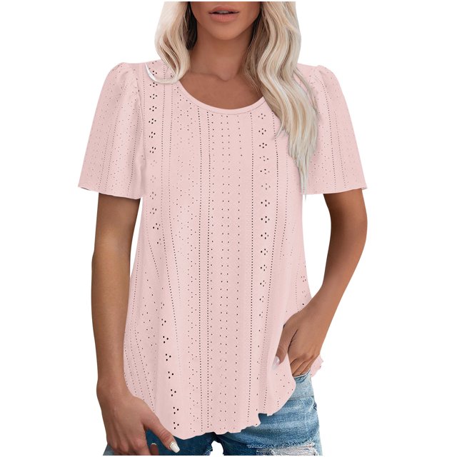 Timegard Hauts à Oeillets pour Femmes Col Rond Froncé Manches Courtes Ample Été Plage Décontracté Confortable Haut T-Shirt