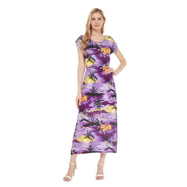 Robe Maxi Simple à Manches Cap Luau Hawaïenne pour Femme P Violet Coucher de Soleil