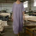 thumbnail image 4 of Pisexur Robes pour Femmes Classiques en Coton et Lin Robe Maxi Couleur Unie Col Ras du Cou Manches Courtes Robe de Vacances pour la Plage Décontractée Ample Robes d'Été pour Femmes P-2TG, Violet, 4 of 5