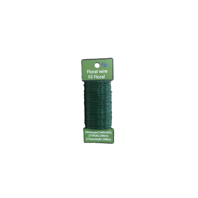 Lerman Decor's Green Paddlewire spool with 25-gauge green floral wire wrapped around a green plastic holder labeled with 270 feet (82.296 meters) length, ideal for securing artificial floral arrangements and bouquet components.