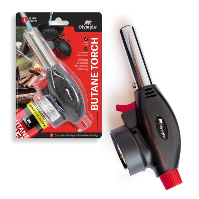 Olympia Butane Torch with black ergonomic handle, red trigger, and silver metal nozzle, shown with its red and black packaging highlighting 1832°F high-heat flame and automatic piezo ignition, ideal for barbecue and camping fire starting, compatible with Olympia butane fuel cartridges.