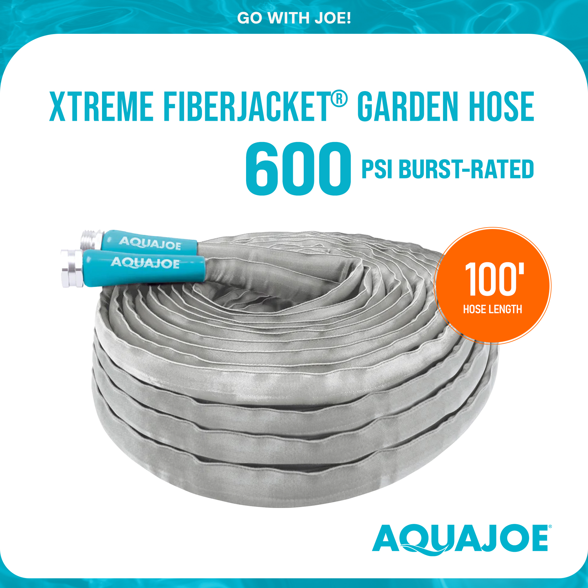 Aqua Joe 100 Ft,1/2In,FiberJacket,Kinkfree Garden Hose,Aluminium Fittings,600 PSI Rating