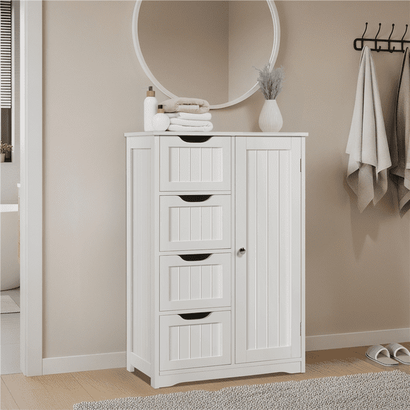 Yaheetech Wooden Floor Cabinet Bathroom Storge Cabinet with 4 Drawers White
