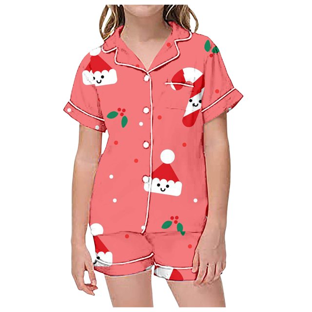 WEAIXIMIUNG Matching Christmas Pajamas Children's Christmas Print Short Sleeve Shorts Cardigan Children's Pyjamas Two Sets