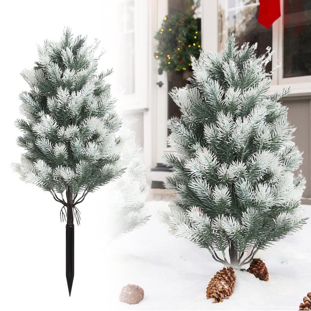 22 Inches Christmas Tree Indoor Outdoor Decorations Plain/Flocked Christmas Tree Small Xmas Tree with Stake Porch Planter Holiday Decor