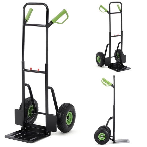 Folding Heavy Duty Hand Truck Dolly – 400 lbs Capacity Steel Utility Cart – 10" Rubber Wheels – Adjustable 35"-45" Telescoping Handle – Ideal for Moving, Warehouse, Garage – Black Body, Green Handle