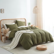 Nayoroom 3 Pieces Washed Cotton Ultra Soft Olive Green Duvet Cover All-Season Breathable and Organic Feel for Bedroom Decor,King Size