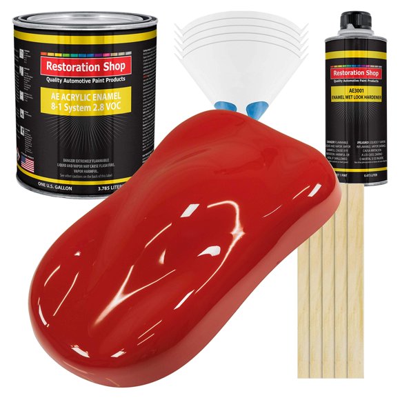 Restoration Shop - Jalapeno Bright Red Acrylic Enamel Auto Paint - Complete Gallon Paint Kit - Professional Single Stage High Gloss Automotive, Car, Truck, Equipment Coating, 8:1 Mix Ratio, 2.8 VOC