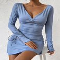 thumbnail image 3 of Solid Color Flare Long Sleeve V-Neck Tie Back Bodycon Dress for Women, 3 of 9