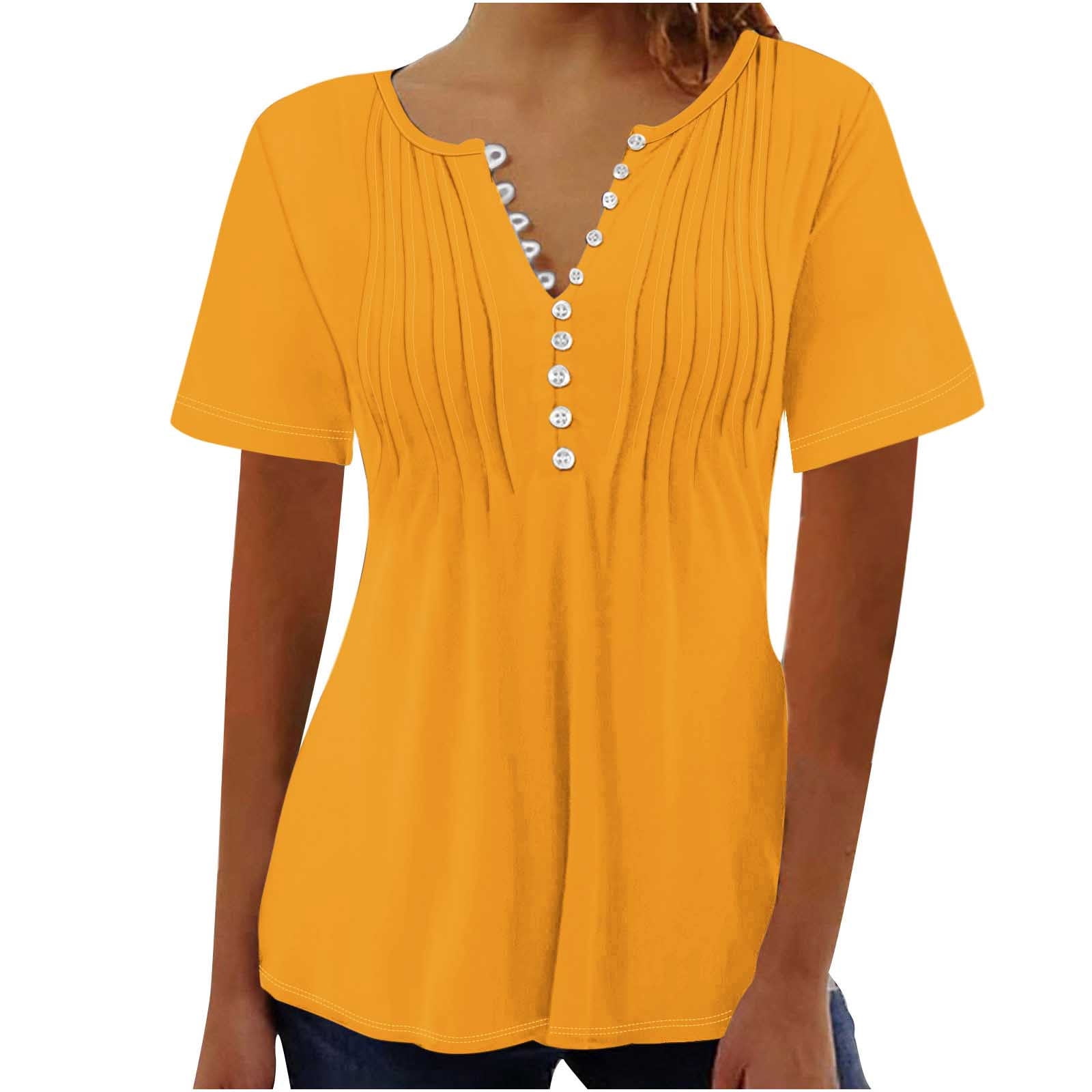 AherBiu Hauts pour Femmes Été à Boutons Col Rond Couleur Unie Froncé Chic Décontracté Tuniques Amples T-Shirts