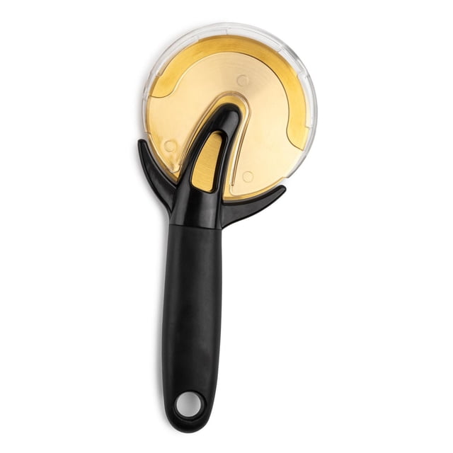 Thyme & Table Pizza Wheel, Gold rotary pizza cutter with circular stainless-steel rotary blade, gold-finish handle, integrated blade guard and comfort-grip; front-facing on white background, compact size fits kitchen drawer and wash in warm soapy water as care instruction, also suitable for cutting flatbreads or pastry.