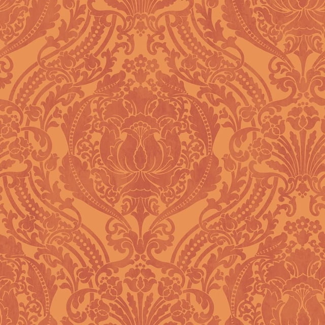Blue Mountain Wallcoverings Silk Damask Sidewall Wallpaper with a close-up of a large damask pattern in terracotta and burnt orange on textured non-woven prepasted material, designed for easy sponge wash maintenance and 100% removability, suitable for classic home décor wall applications.