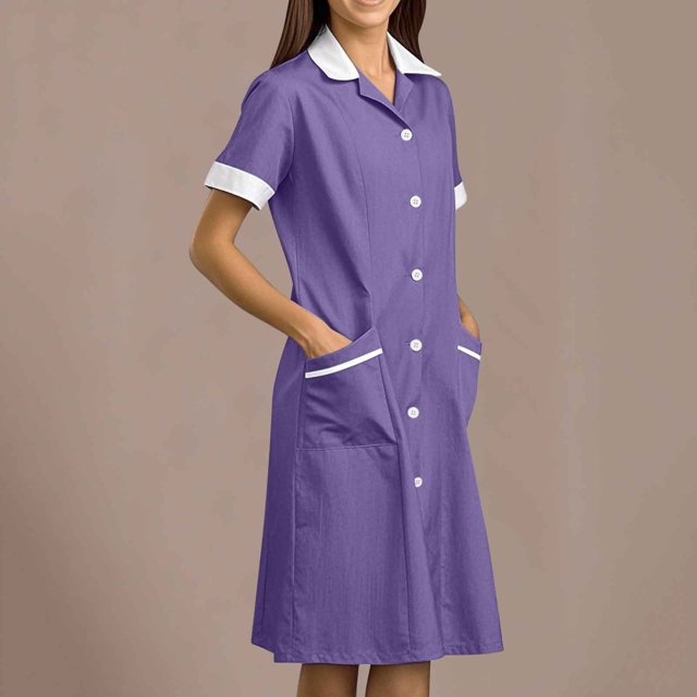 Tidyack,Marked Down,Nurse Lapel Dress, Solid Color Work Dress, Pockets + Button Splicing, Midi Length, For Healthcare Staff, Professional Work Attire, Cotton Blend, Clean Cut, Daily Uniform