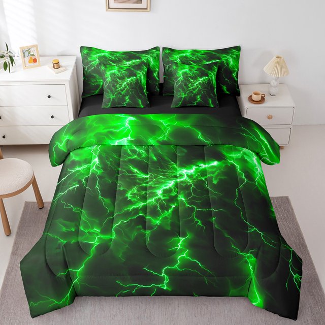 Erosebridal Literie Éclair Verte Format Simple, Ensembles de Literie Nature Tonnerre Format Simple, Ensemble de Lit Moderne Néon Lumineux Réversible, Super Douillet Décoratif pour Chambre, 7 Pcs