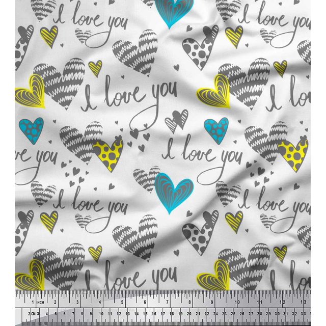 Soimoi White Viscose Chiffon Fabric Heart & I Love You Text Print Fabric by Yard 42 Inch Wide