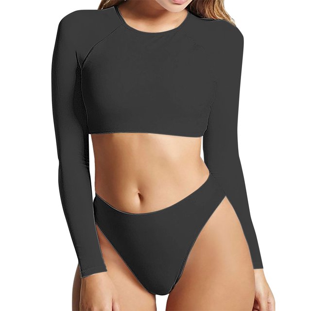 Babysbule Maillot de Bain Deux Pièces pour Femme Couleur Unie Col Rond Haut à Manches Longues Ensemble de Maillot de Bain Ensemble de Maillot de Bain Séparé