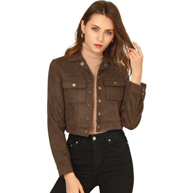 INSPIRE CHIC Veste Moto Courte en Faux Suède pour Femme à Col Rabattu