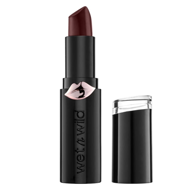 WetNWild Megalast Rouge à Lèvres Mat Teinte Mat Cherry Bomb avec tube Cylindrique Noir et Capuchon Transparent, Présentant un Rouge à Lèvres Semi-Mat Bourgogne Profond et l'Emblème de Lèvres Roses, Offrant une Couleur de Lèvres Mate Crémeuse Longue Tenue Infusée d'Ingrédients Nourrissants.