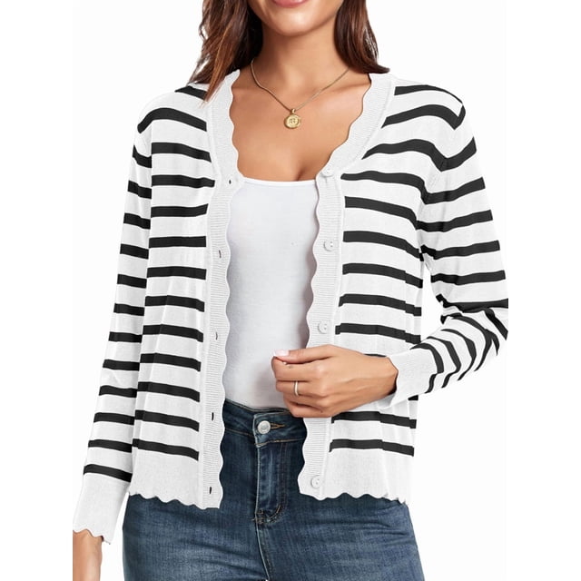 Cardigans pour Femmes à Manches Longues, Décontractés, Légers, Boutonnés, Col en V, Chandail d'Automne, Rayures Blanches, TG