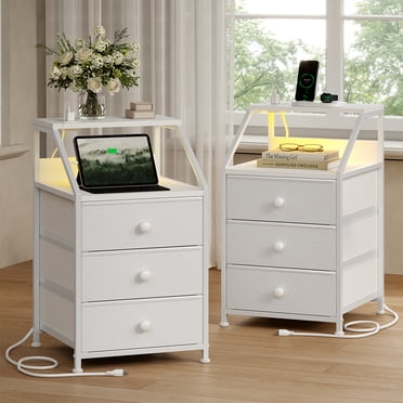 GUNAITO Nightstand with Charging Station & USB Ports End Table Set of 2 Modern End Table for Bedroom Living Room White