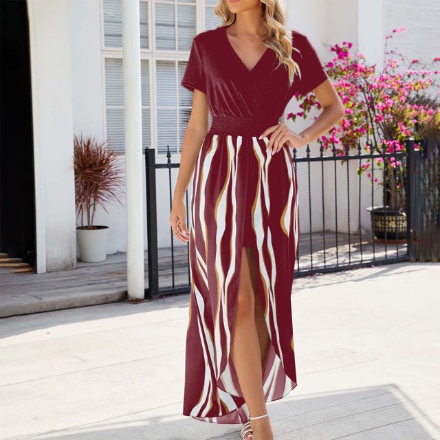 Meichang Robes Combishorts pour Femmes à Manches Courtes, Col en V, Robes Portefeuille, Taille Haute, Robes Trapèze, Robe Combishort Maxi Fendue pour Fête, Longue Robe d'Été de Plage