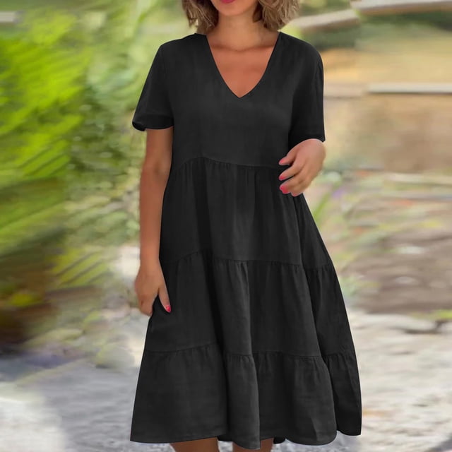 Meichang Robes d'Été pour Femmes 2025 Décontractées à Manches Courtes Col en V à Étages Longueur Genou Robes Trapèze Robe en Coton et Lin Fluide Tunique de Plage