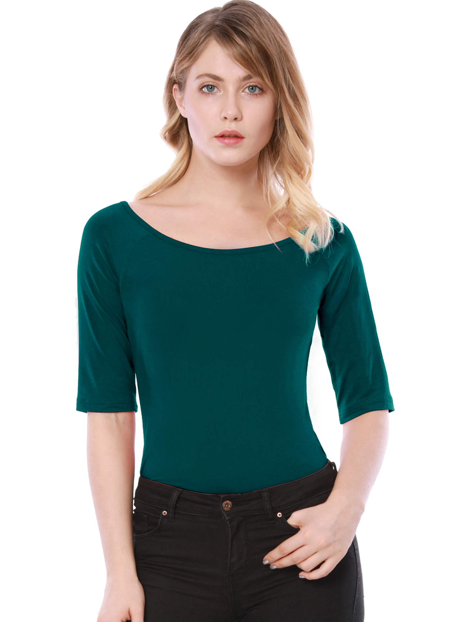 INSPIRE CHIC T-Shirt Ajusté à Manches Mi-Longues à Encolure Dégagée pour Superposition pour Femmes