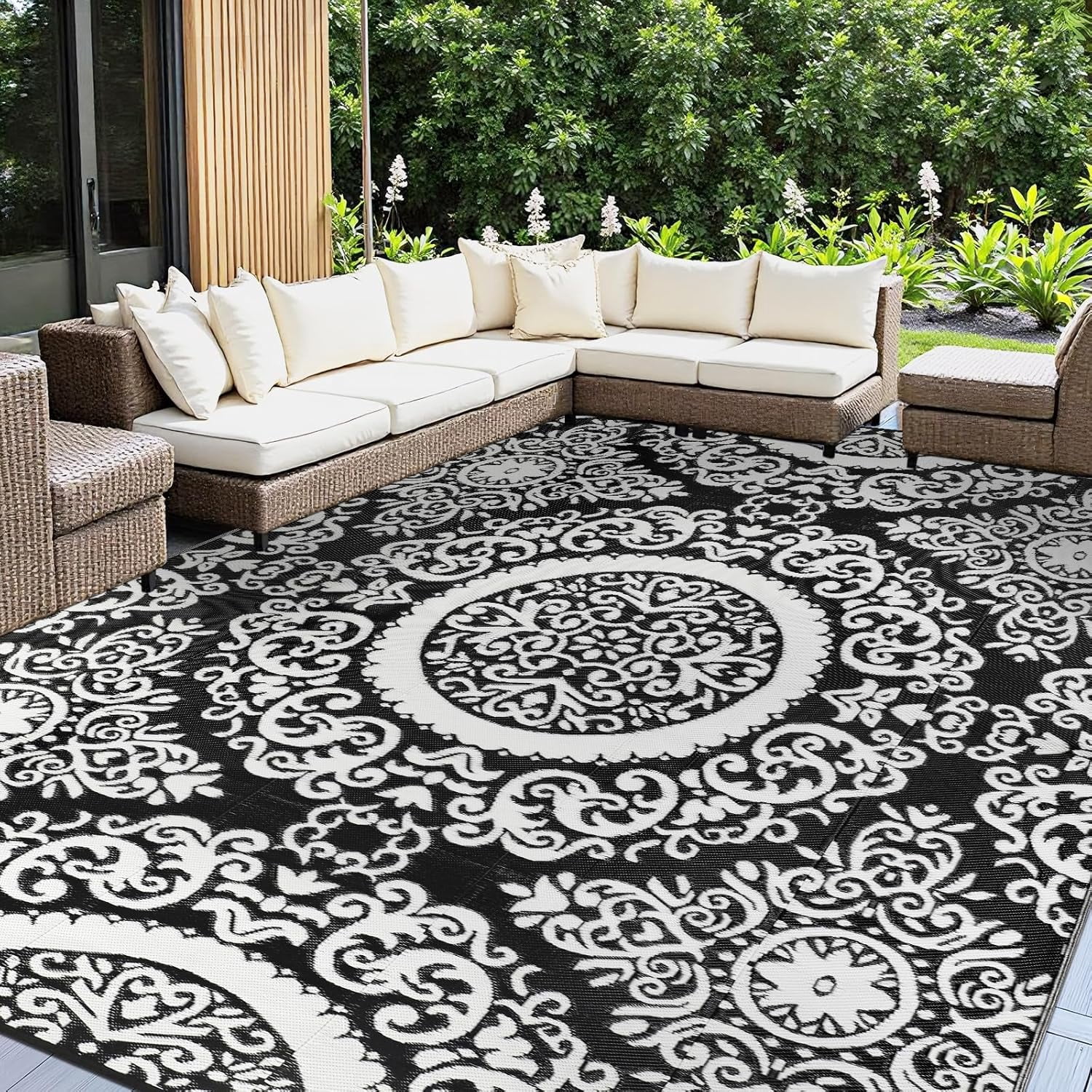 Outdoor Rug x Outdoor Carpet Reversible Patio Rug for Camping Large Outdoor Plastic Straw Area Rug Portable Geometric Mats for RV Backyard Deck Porch Beach Picnic Teal