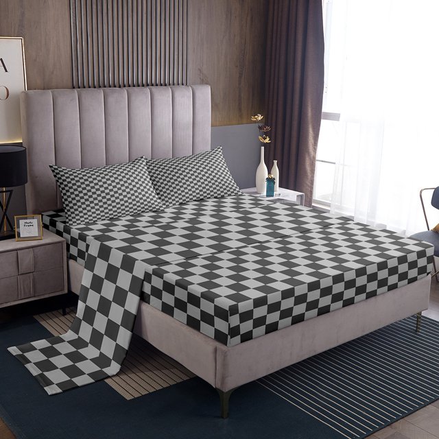 Erosebridal Checkered Gingham Twin Sheet Sets, Grey Bedding Twin Size, Rectangle Geometry Decor, 3-Piece