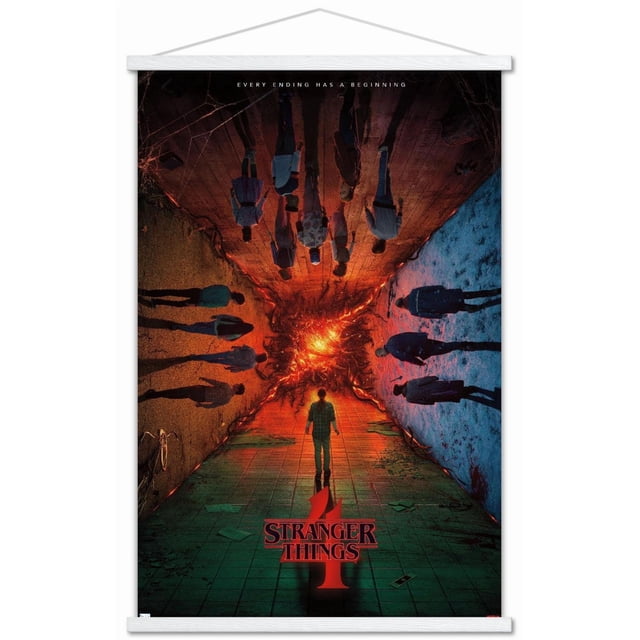 Netflix Stranger Things: Season 4 - Group Teaser One Sheet Wall Poster, 22.375" x 34" showing a central figure facing a fiery glowing portal surrounded by shadowy figures on textured walls and floor, printed on glossy poster paper for vibrant wall art and home décor.
