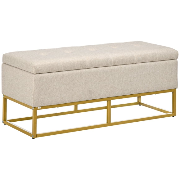 HOMCOM Storage Ottoman with Flip Top, Upholstered Storage Bench Beige
