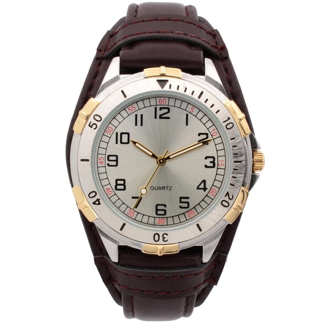 George Men's Analog Watch with a 42mm stainless steel case, gold-tone bezel accents, silver sunray dial with black Arabic numerals and gold hands, and a brown PU leather strap with red stitching, suitable for everyday wear and casual occasions.