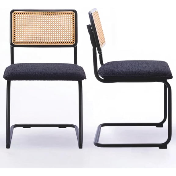 LivinVeluris Set of 2 Modern Rattan Dining Chairs, Mid-Century Dining Side Chairs, Cane Dining Chairs with Teddy Velvet, Armless Kitchen Chairs (Black Frame with Dark Gray Cushion)