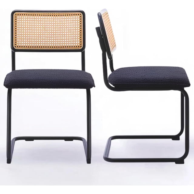 LivinVeluris Set of 2 Modern Rattan Dining Chairs, Mid-Century Dining Side Chairs, Cane Dining Chairs with Teddy Velvet, Armless Kitchen Chairs (Black Frame with Dark Gray Cushion)