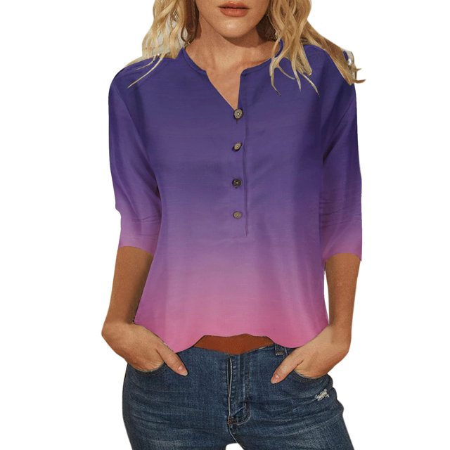 Birdeem T-Shirt à Boutons pour Femmes, Mode Décontractée, Manches 3/4, Col Imprimé, Haut Blouse