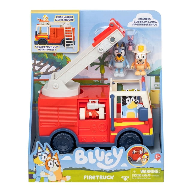 BLUEY Camion de Pompiers Jouet de BINGO Camion de Pompiers en Emballage Montrant un Véhicule de Jeu Rouge et Jaune avec une Échelle Blanche Extensible Surélevée et Tournoyante, Incluant des Figurines Articulées BLUEY et de Pompier BINGO et un Accessoire Bob Bilby, Conçu pour les Enfants d'Âge Préscolaire pour Développer la Motricité Globale par le Jeu Interactif.