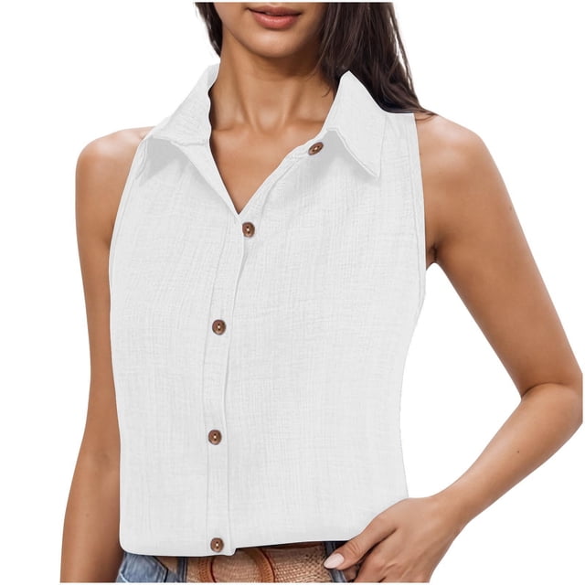 Besolor Women's Summer Tank Tops Collared Sleeveless Button down Shirts Casual Loose Work Business Blouse