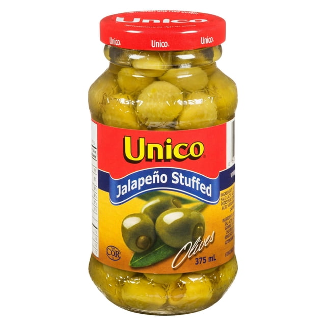 Unico Pot en Verre Transparent de 375 ml avec Couvercle Rouge, Montrant un Olives Vert Rempli de Piments Jalapeños à l'Intérieur, Étiqueté avec des Couleurs Rouges, Bleues et Jaunes et la Marque Unico, Convient pour Ajouter aux Salades, aux Antipastos et aux Pizzas.
