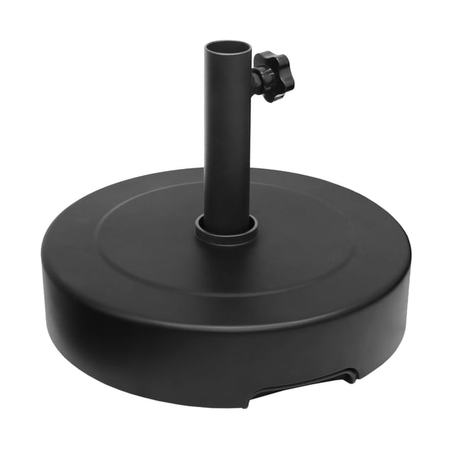Multy Home Recycled Rubber Black Umbrella Base 14"x14" with a round, black recycled rubber base and central cylindrical post with tightening knob, weather-resistant and maintenance-free, designed to stabilize 9’ to 10’ patio umbrellas and easy to reposition using the built-in handle.