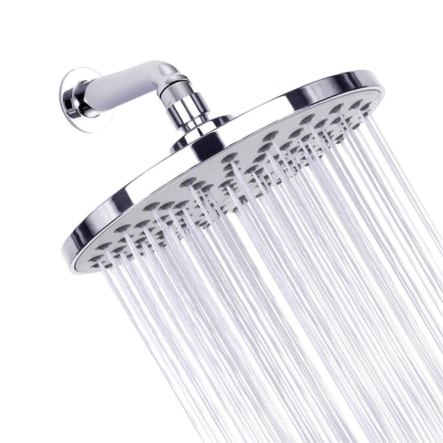 Amdohai 9 Inch Round Rain Showerhead G1/2 High Pressure Shower Head in silver finish, featuring a sleek ultra-thin design with a round shape. The showerhead is made of durable ABS material and includes a swivel ball joint for adjustable angles. It uses advanced water-saving and pressurizing technology to deliver a high-pressure rain spray, even in low water pressure conditions. The nozzles are easy to clean by simply wiping the surface. Suitable for bathrooms and hotels.
